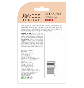 Jovees Vitamin E Lip Balm | SPF 15 | Hydrates and Rejuvenates Dry Lips