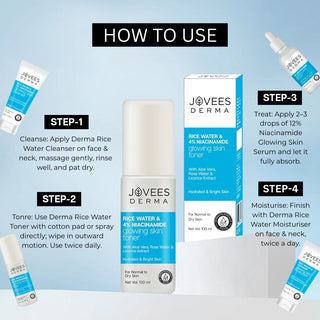 Jovees Derma Rice Water & 10% Niacinamide Glowing Skin Cleanser-100 g, Derma Rice Water & 4% Niacinamide Glowing Skin Toner-100 ml, 12% Niacinamide Glowing Skin Serum and Derma Rice Water & Ceramide Glowing Skin Moisturiser-50 g