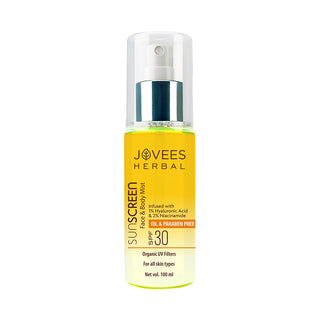 Jovees Sunscreen Face And Body Mist SPF 30 | Lightweight, Hyaluronic Acid, For All Skin Types, 100ml