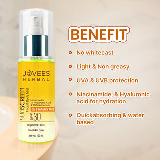Jovees Sunscreen Face And Body Mist SPF 30 | Lightweight, Hyaluronic Acid, For All Skin Types, 100ml