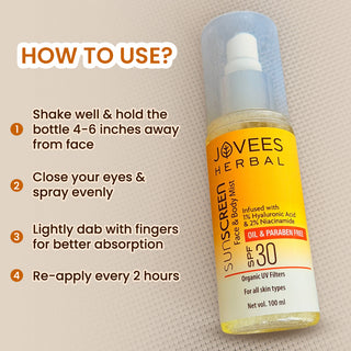 Jovees Sunscreen Face And Body Mist SPF 30 | Lightweight, Hyaluronic Acid, For All Skin Types, 100ml
