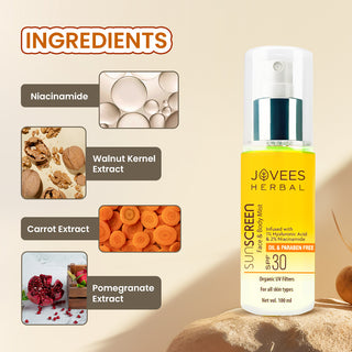 Jovees Sunscreen Face And Body Mist SPF 30 | Lightweight, Hyaluronic Acid, For All Skin Types, 100ml