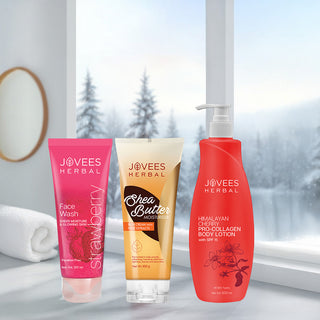 Jovees Hydrating Skin-Care Combo | Strawberry Face Wash-120ml, Shea Butter Moisturizer-100g & Himalayan Cherry Body Lotion-500ml