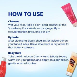 Jovees Hydrating Skin-Care Combo | Strawberry Face Wash-120ml, Shea Butter Moisturizer-100g & Himalayan Cherry Body Lotion-500ml