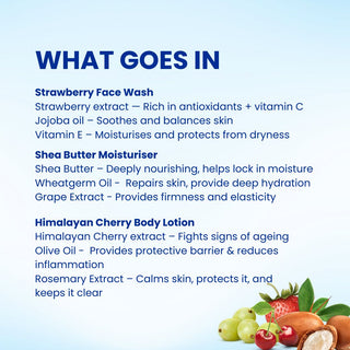 Jovees Hydrating Skin-Care Combo | Strawberry Face Wash-120ml, Shea Butter Moisturizer-100g & Himalayan Cherry Body Lotion-500ml